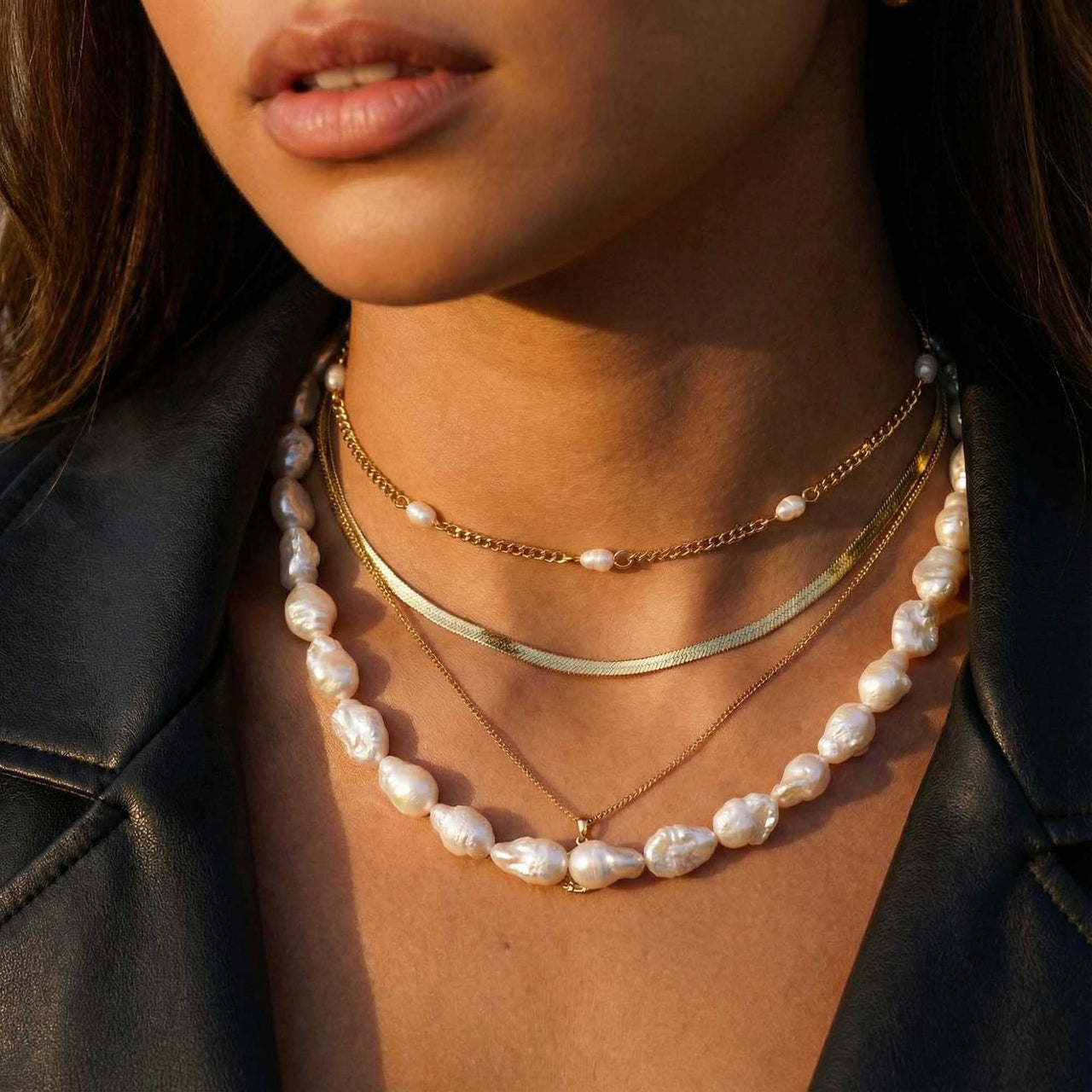 Dainty Pearl Choker featuring freshwater pearls and gold chains by Brother & Sisters, perfect for any occasion.