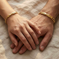 Thumbnail for Infinity Bond Matching Bracelet worn by two people, showcasing twisted bar design with names, by Brother & Sisters.