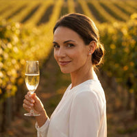 Thumbnail for Model wearing Crystal Flower Stud Earrings while holding a glass of wine in a vineyard setting.