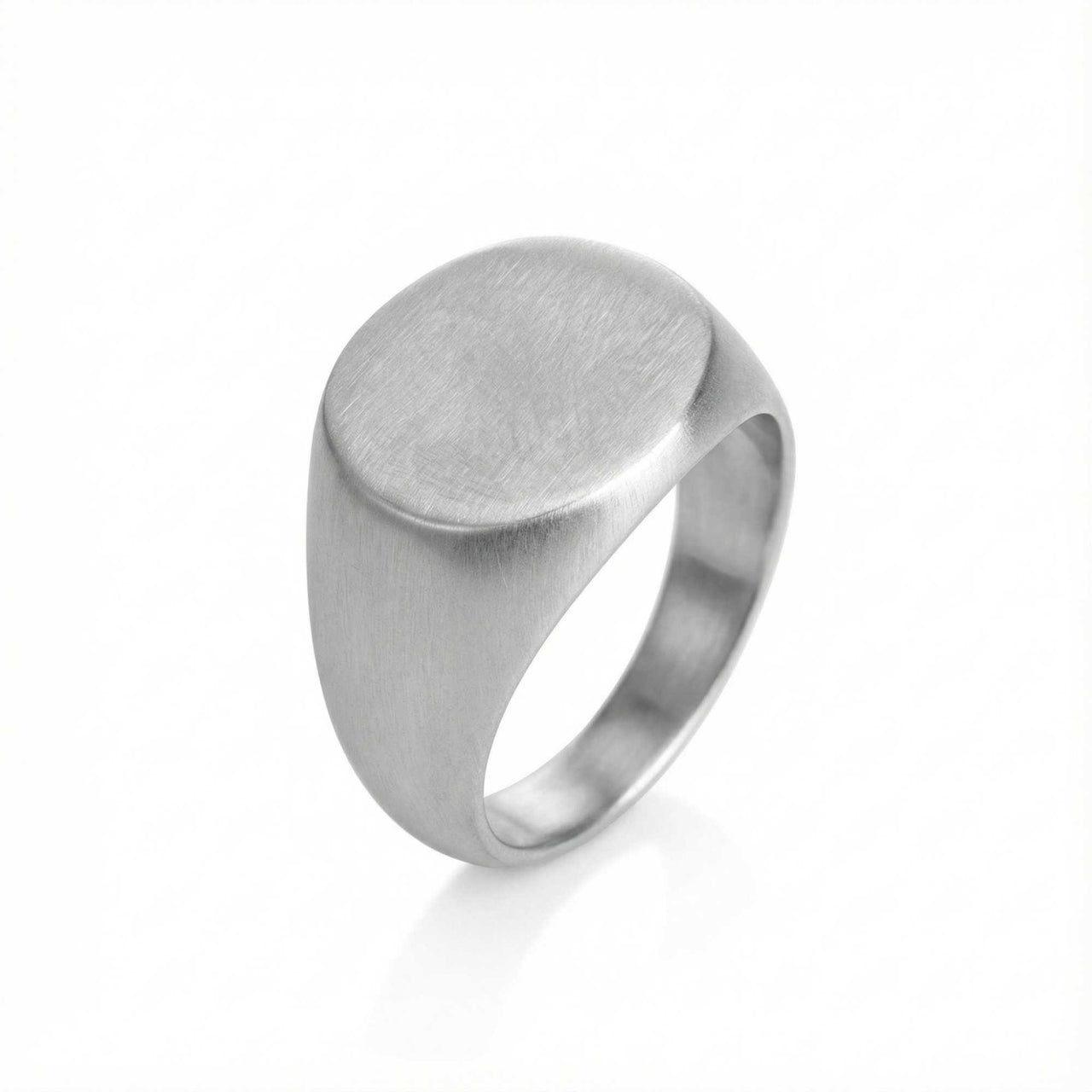 Oval Ring layered with other rings on mans hand — 15mm wide titanium statement piece for men