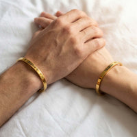 Thumbnail for Matching Couple Bracelet showcasing gold cuffs engraved with names Sophie and Thomas by Brother & Sisters.
