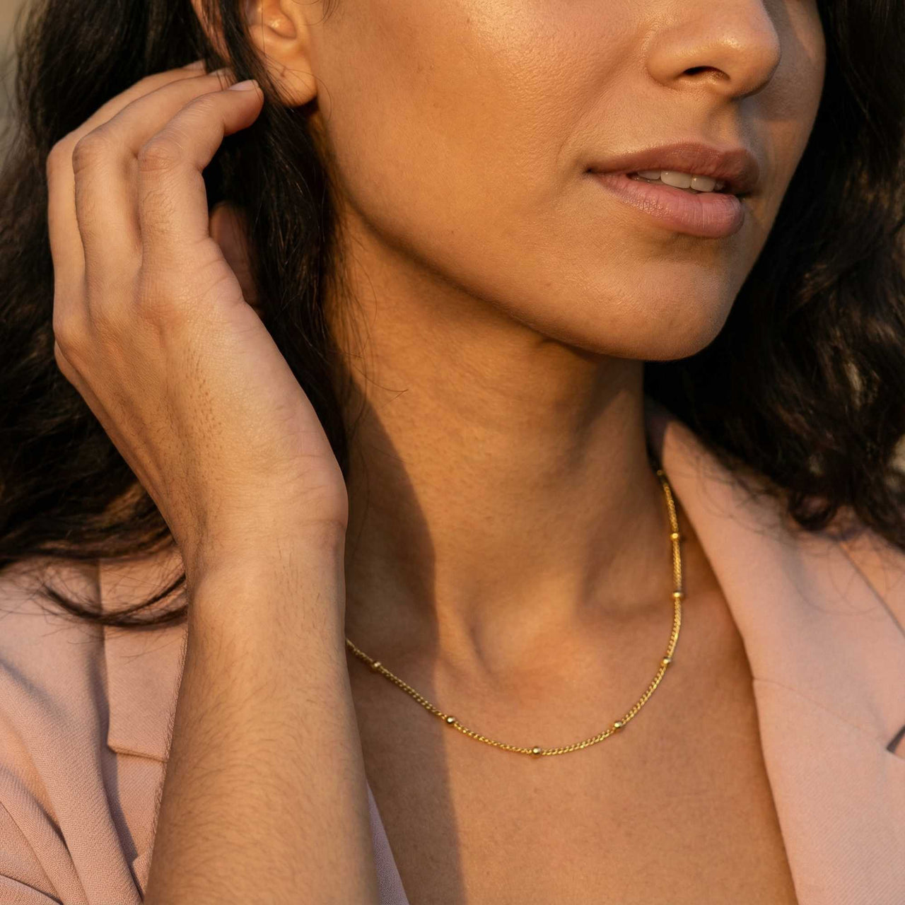 Julia Beaded Chain Necklace featuring tiny golden beads by Brother & Sisters, showcasing understated elegance.