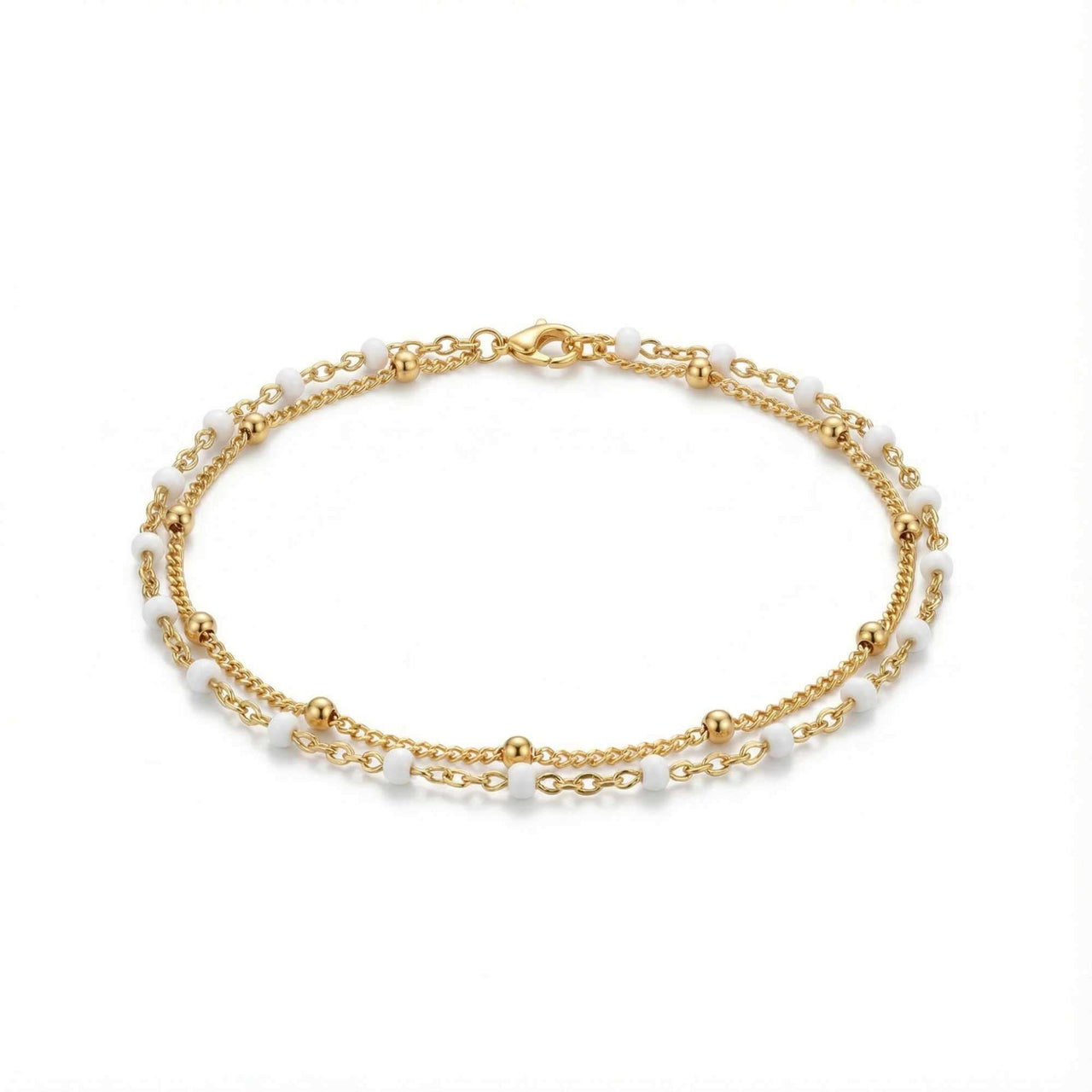 Double White Bracelet by Brother & Sisters featuring a white enamel beaded chain and gold link design.