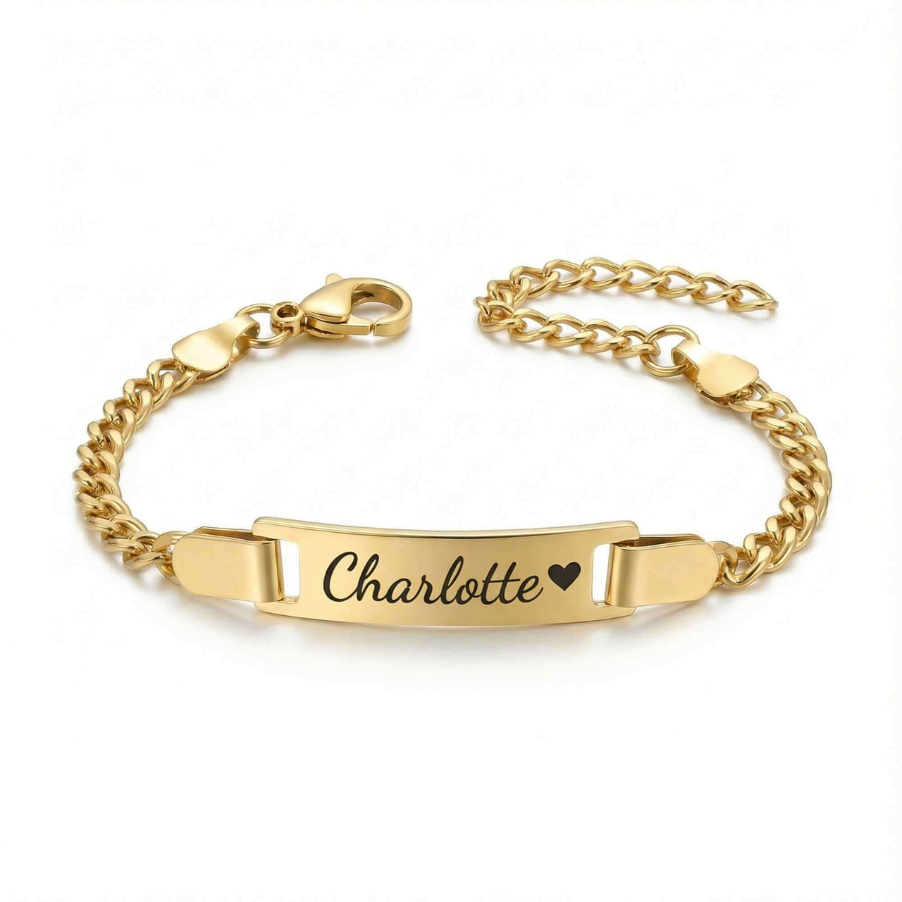 Infant Bracelet from Brother & Sisters featuring a gold chain with personalized engraving of 'Charlotte'