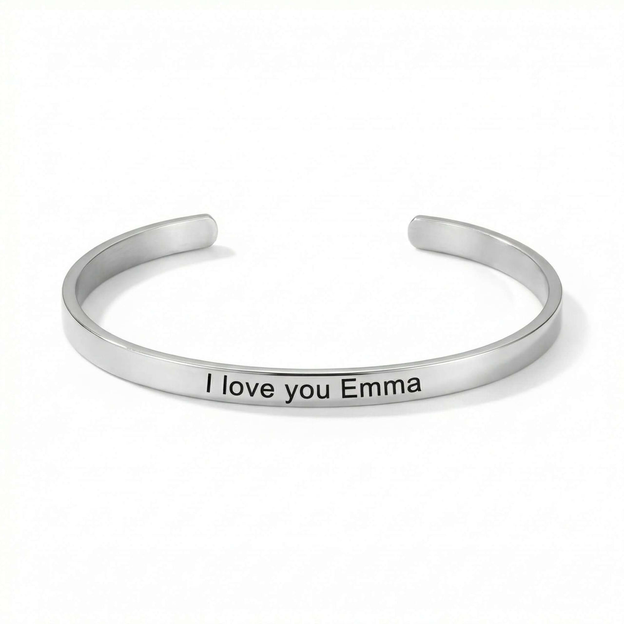 Matching Couple Bracelet by Brother & Sisters, minimalist cuff bracelet engraved 'I love you Emma'.