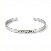 Thumbnail for Matching Couple Bracelet by Brother & Sisters, minimalist cuff bracelet engraved 'I love you Emma'.