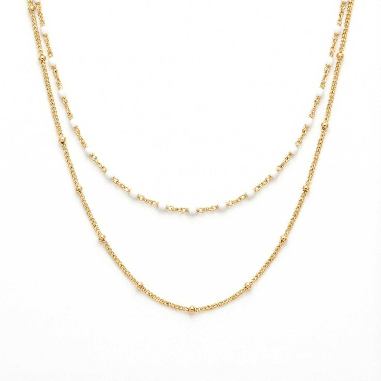 Double Layer Choker featuring gold satellite and white enamel beaded chains by Brother & Sisters.