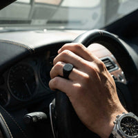Thumbnail for Oval Ring close-up packshot — black titanium steel wide band, hypoallergenic mens ring