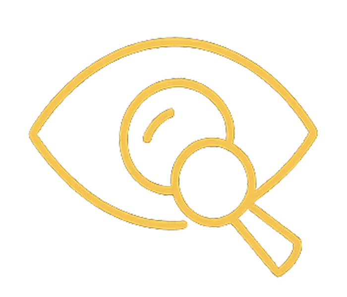 Professional gold outline icon illustrating an eye with a magnifying glass placed over the pupil, symbolizing detailed analysis, visual inspection, or optimization.