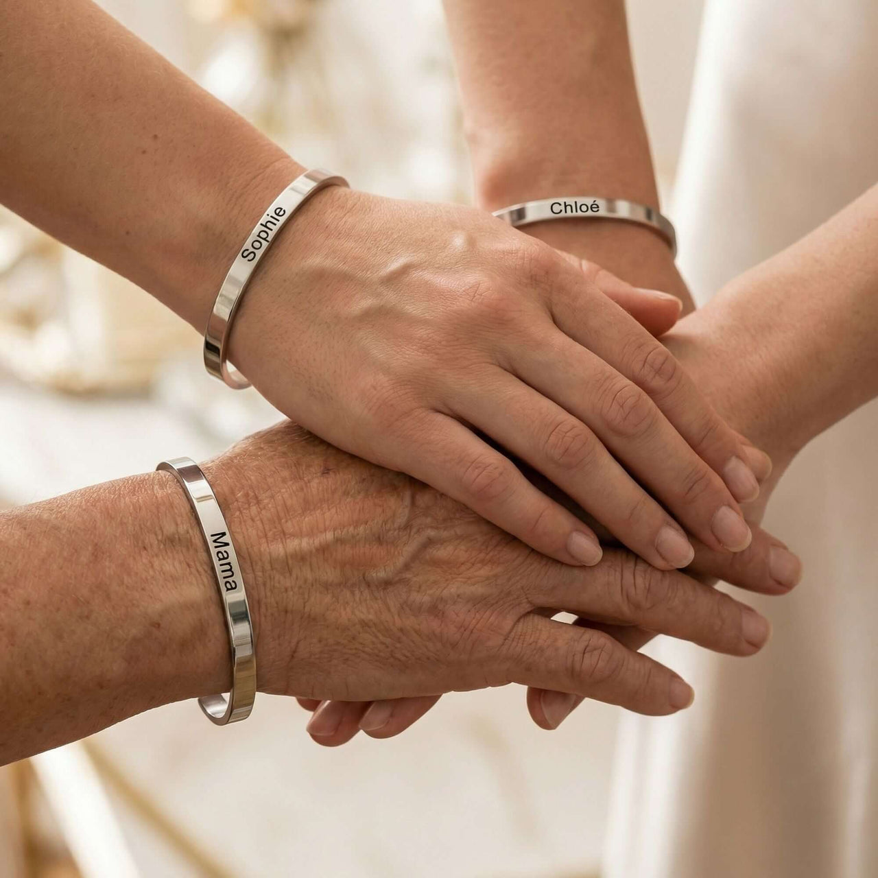 Matching Couple Bracelet featuring personalized engravings on minimalist cuffs by Brother & Sisters.