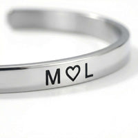 Thumbnail for Matching Couple Bracelet with initials M and L, minimalist open cuff design by Brother & Sisters.