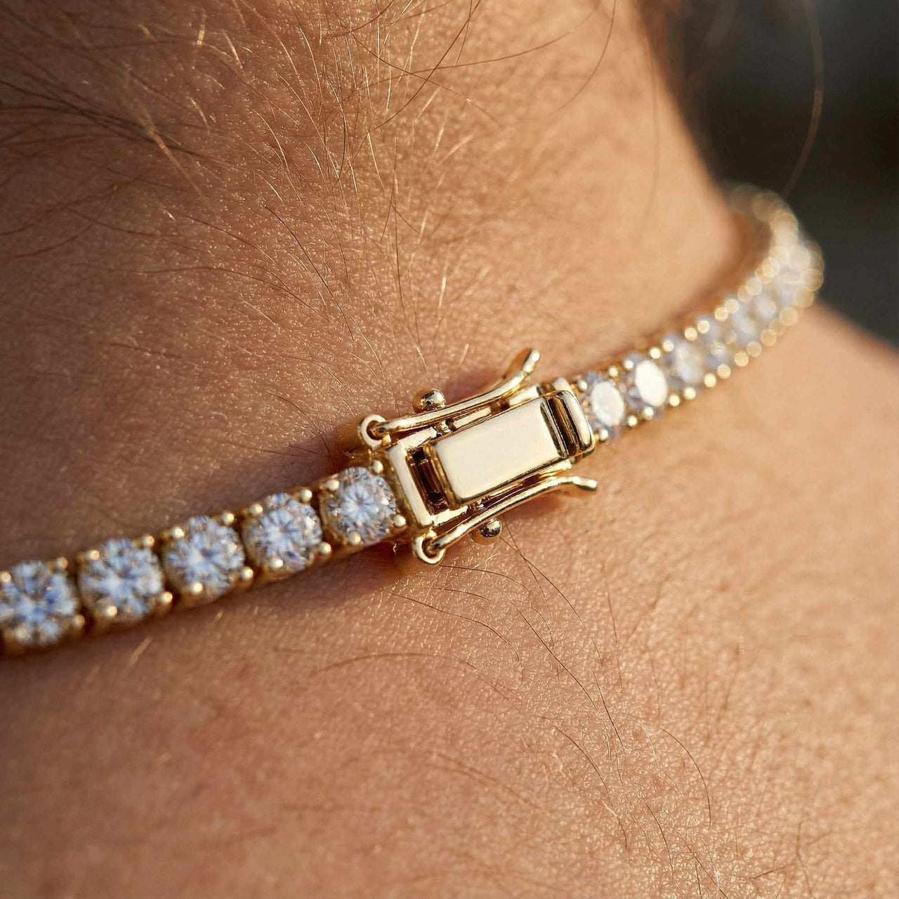 Close-up of the Isolde Tennis Necklace featuring diamond simulants and a secure clasp by Brother & Sisters.