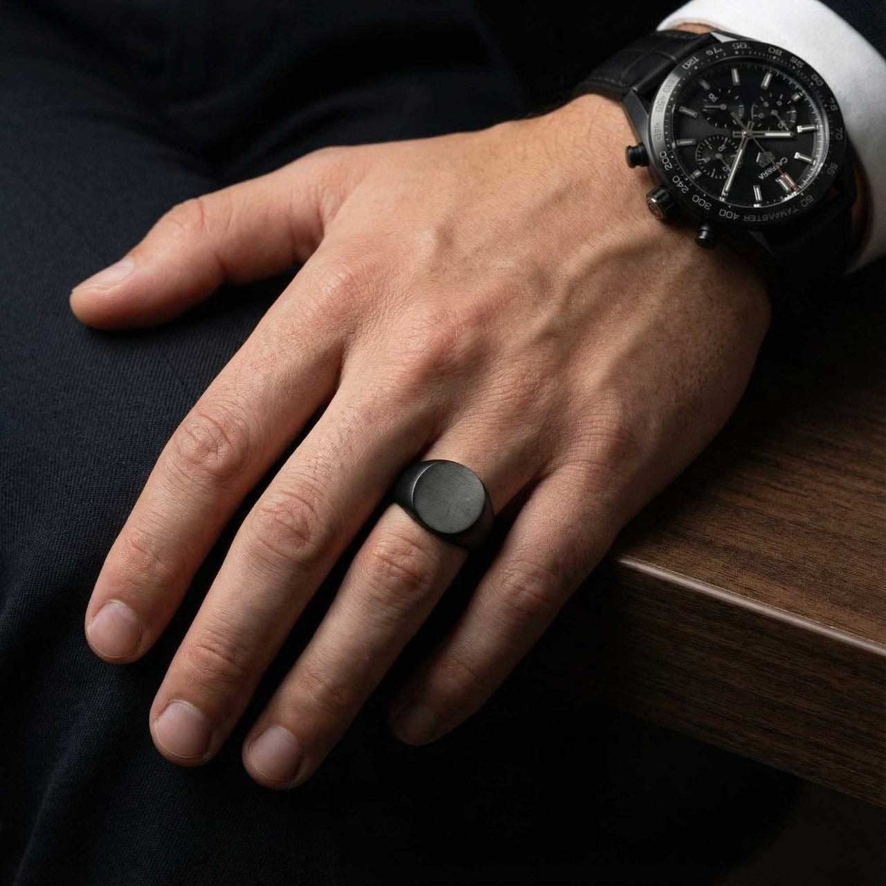 Oval Ring 15mm wide titanium steel band — bold mens statement ring in gold, modern minimalist design