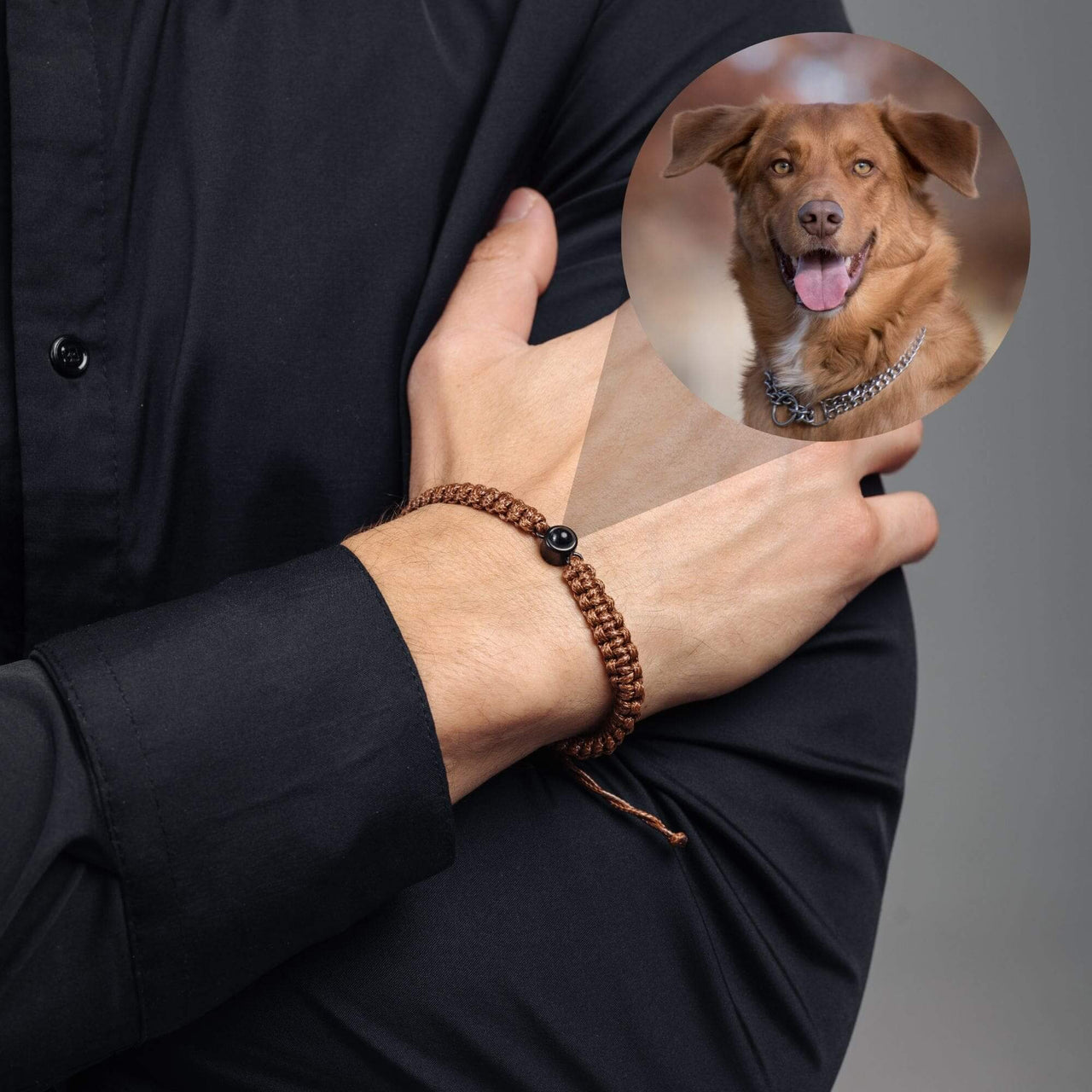 Man Brown Photo Bracelet worn by a man, featuring a circle pendant with a photo of a dog, made by Brother & Sisters.