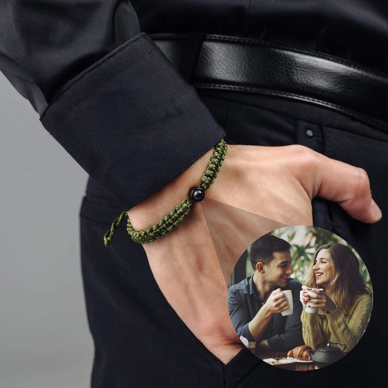 Man Olive Photo Bracelet worn on wrist, featuring a green design, perfect for capturing cherished memories, by Brother & Sisters.