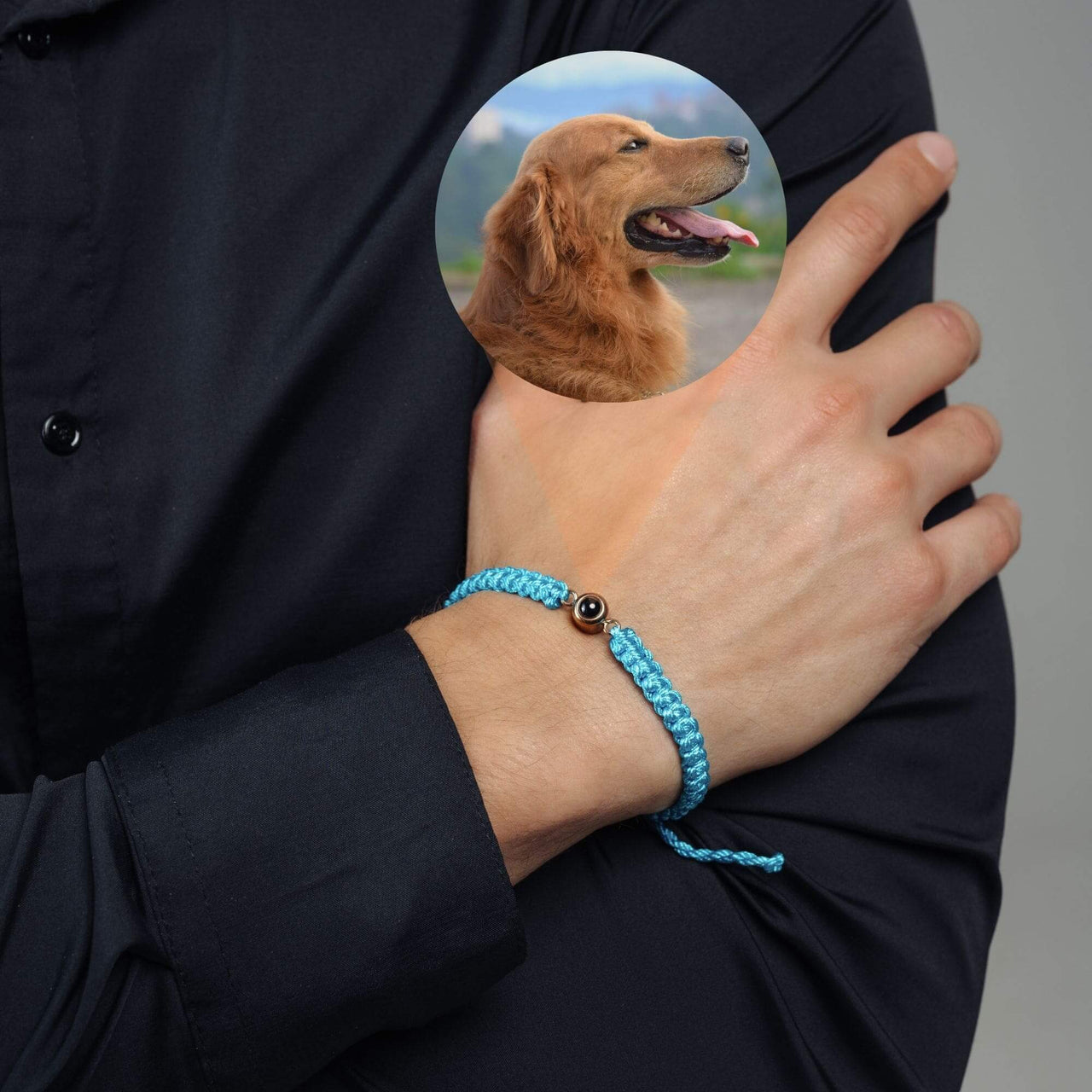 Man Blue Photo Bracelet featuring a personalized photo pendant, designed by Brother & Sisters, perfect for men's gifts.