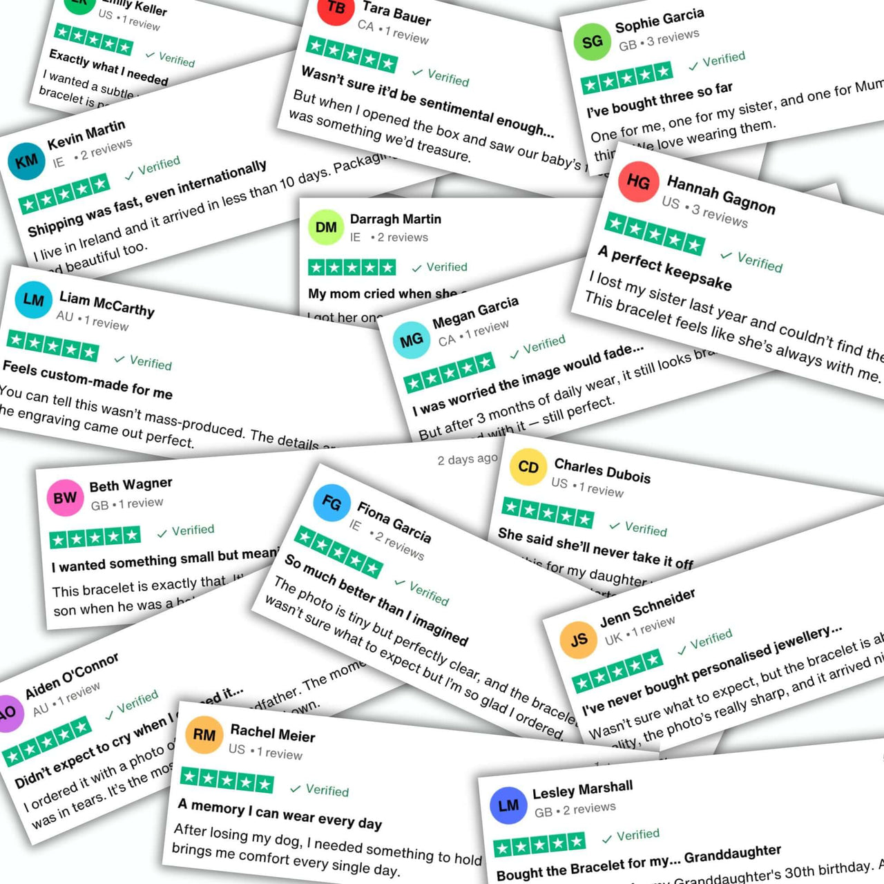 Customer reviews for the Minimalist Photo Bracelet by Brother & Sisters showcasing sentimental messages and experiences.