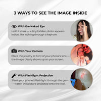 Thumbnail for 3 ways to see the image inside the Pink Photo Bracelet: with the naked eye, camera, or flashlight projection.