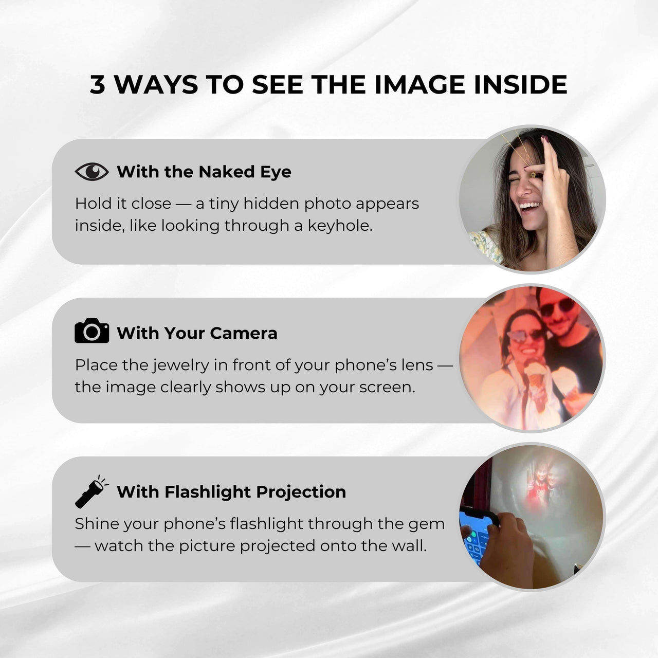 Pink Photo Bracelet instructions highlighting three ways to view the hidden image: with the naked eye, camera, and flashlight projection.