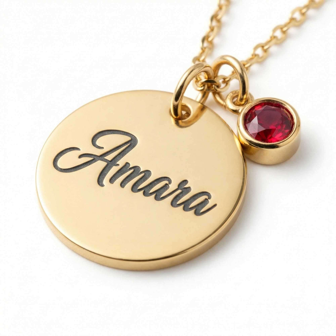 Precious Name Necklace by Brother & Sisters featuring engraved name Amara and matching birthstone crystal.