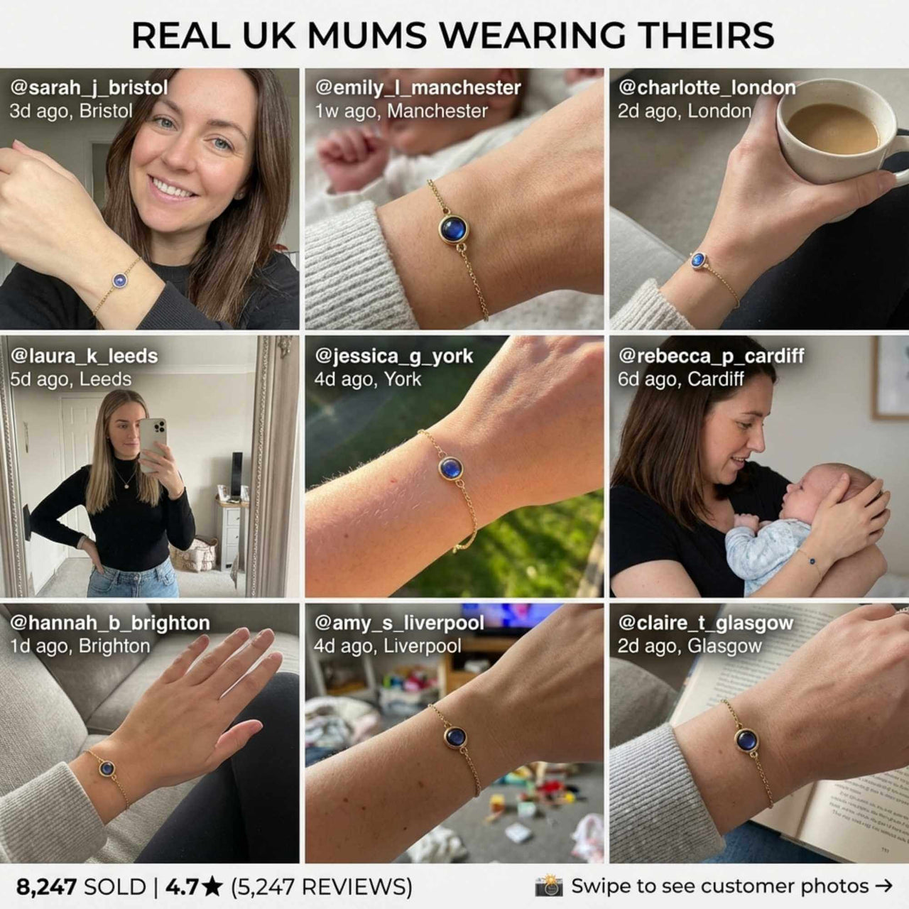 Photo Projection Bracelet worn by real UK mums, showcasing brand Brother & Sisters, celebrating precious moments.