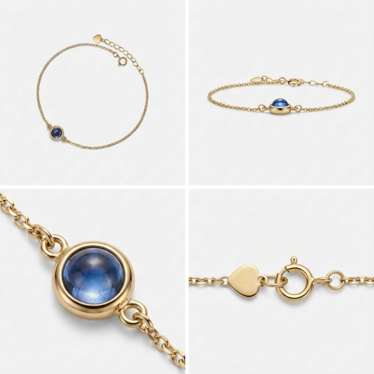 Photo Projection Bracelet featuring a blue gem, delicate gold chain and adjustable clasp by Brother & Sisters.