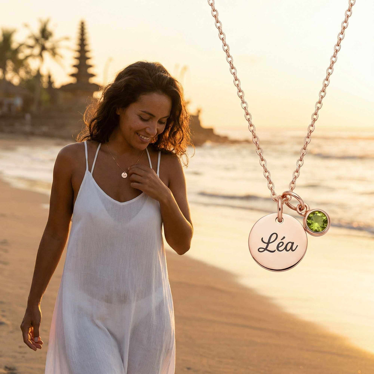 Precious Name Necklace by Brother & Sisters, featuring a personalized name tag and birthstone charm.