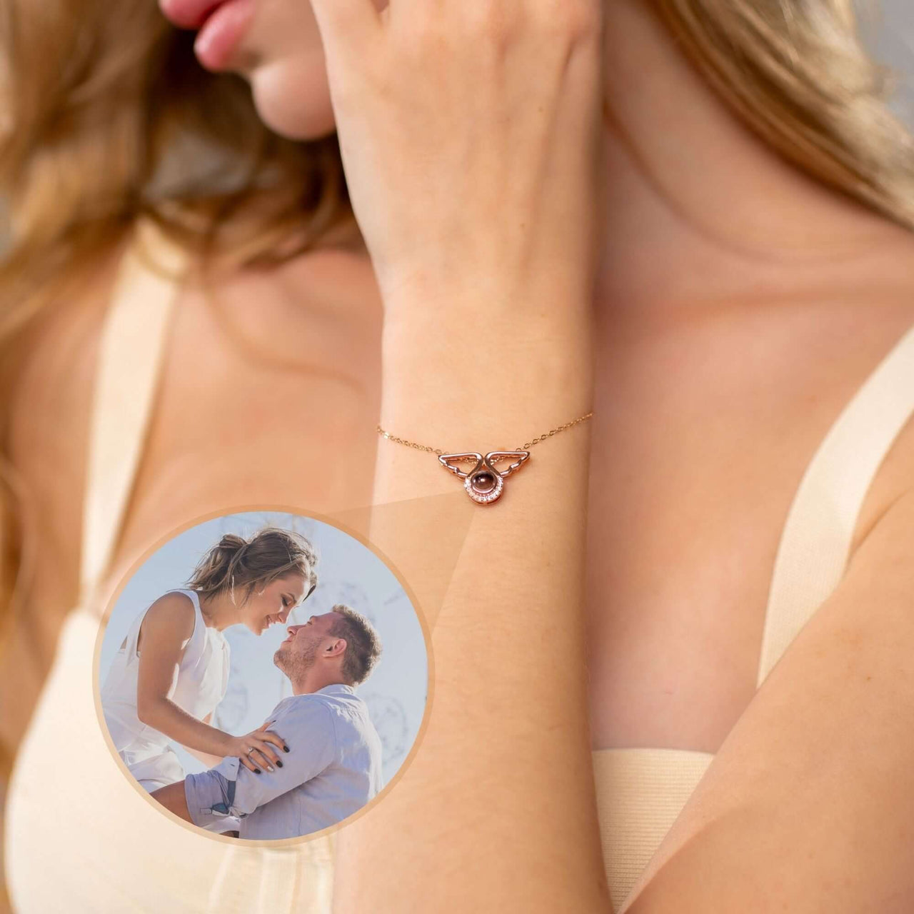 Angel Photo Bracelet featuring an angel wing motif and personalized photo, designed by Brother & Sisters.