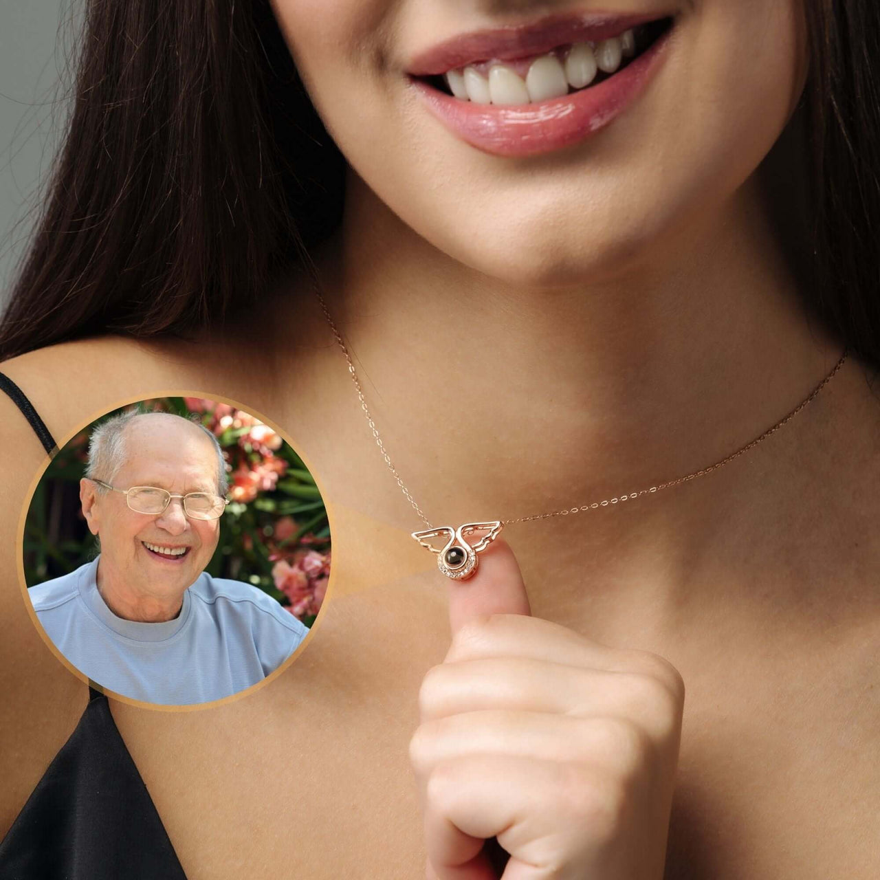 Angel Photo Necklace worn by a woman, featuring a delicate design with angel wings, by Brother & Sisters.