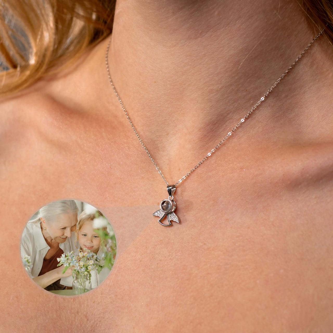 Angel Photo Necklace featuring a timeless angel wing design by Brother & Sisters, perfect to carry loved ones close.