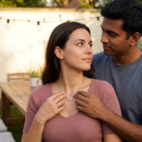 Thumbnail for Woman gently touching her silver necklace | SKU: 42001-silver