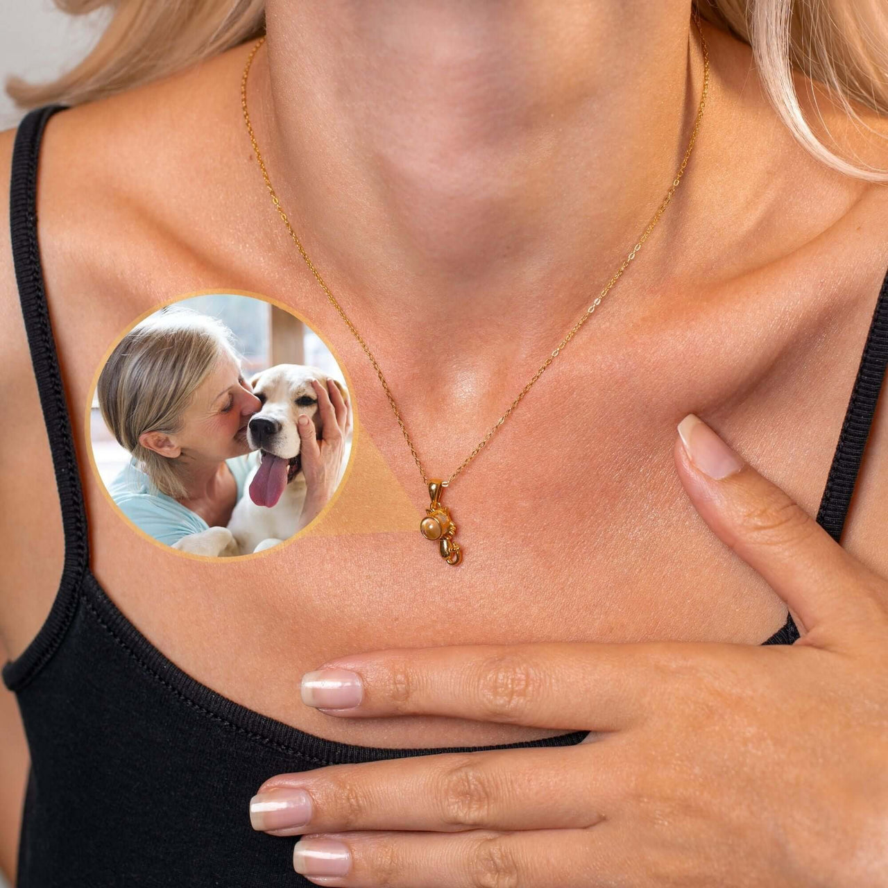 Animal Photo Necklace worn by a woman, showcasing a personalized photo pendant of her pet, by Brother & Sisters.