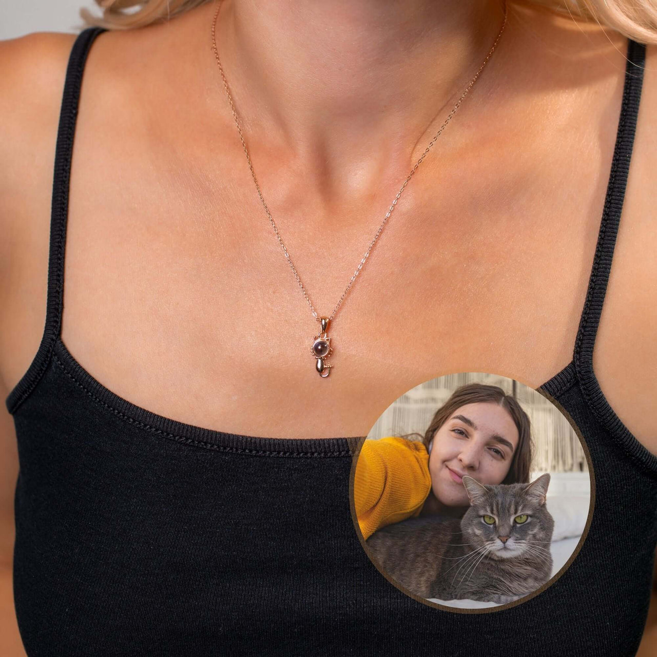 Animal Photo Necklace worn by a woman featuring a personalized pendant showcasing her pet's photo.