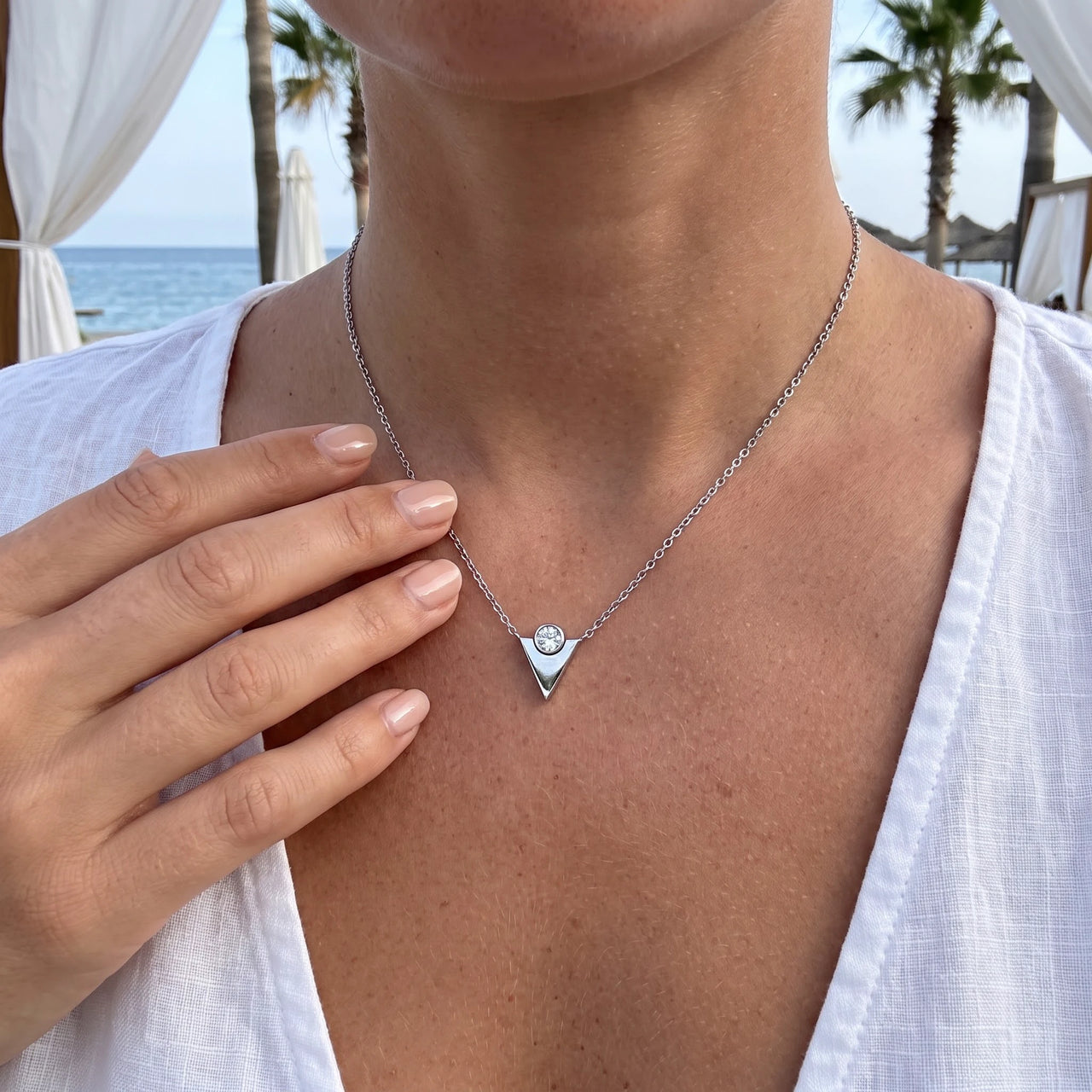 Stainless steel ketting — gedragen, echte grootte, zilver | SKU: 18048714-rhodium-plated