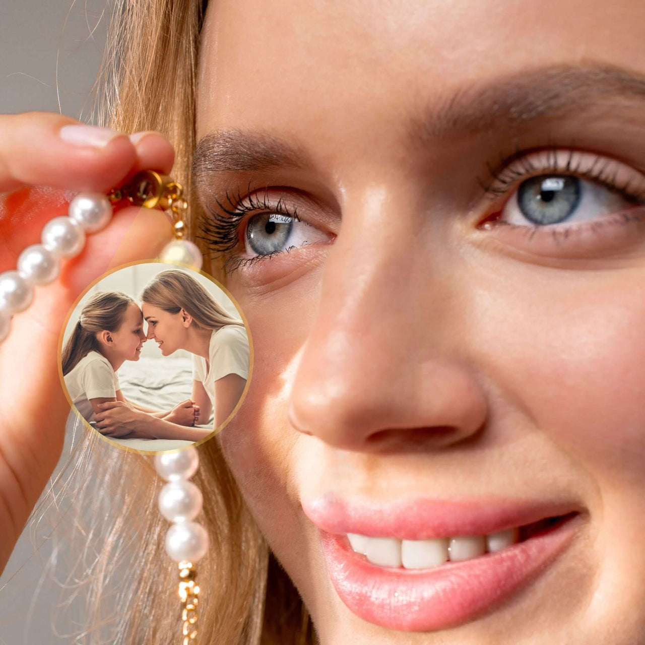 Beaded Photo Bracelet featuring a pearl chain and custom photo charm by Brother & Sisters, showcasing cherished memories.