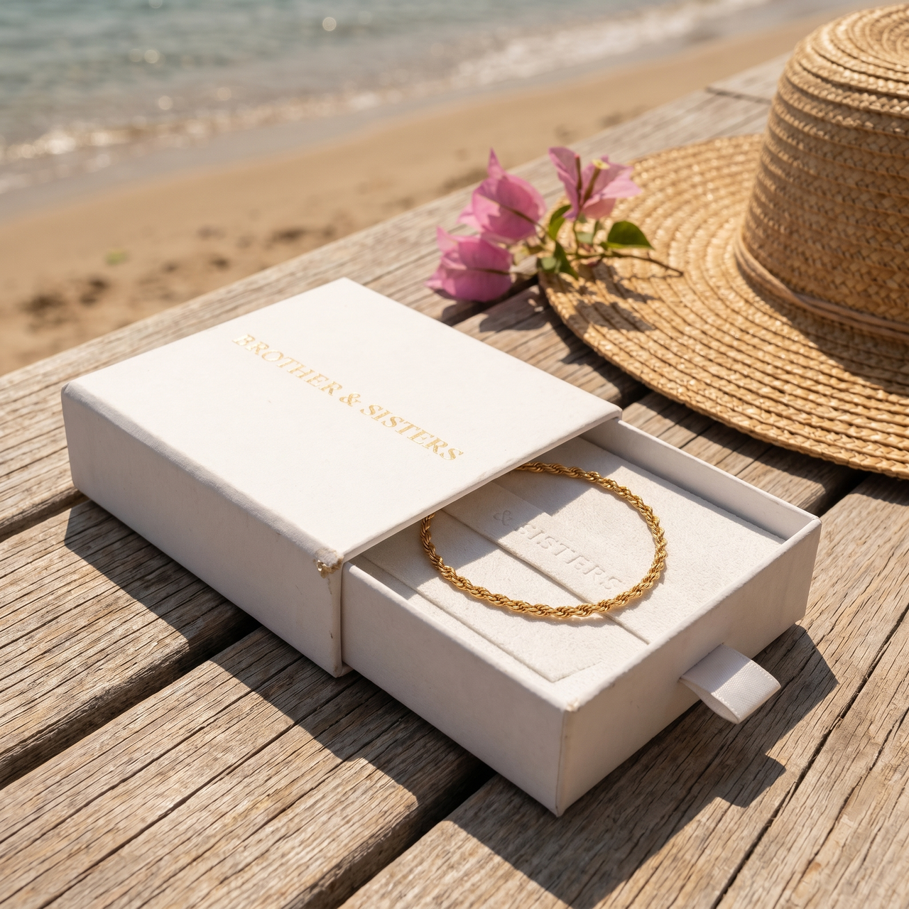Rope Twist Anklet in Brother & Sisters gift box on beach