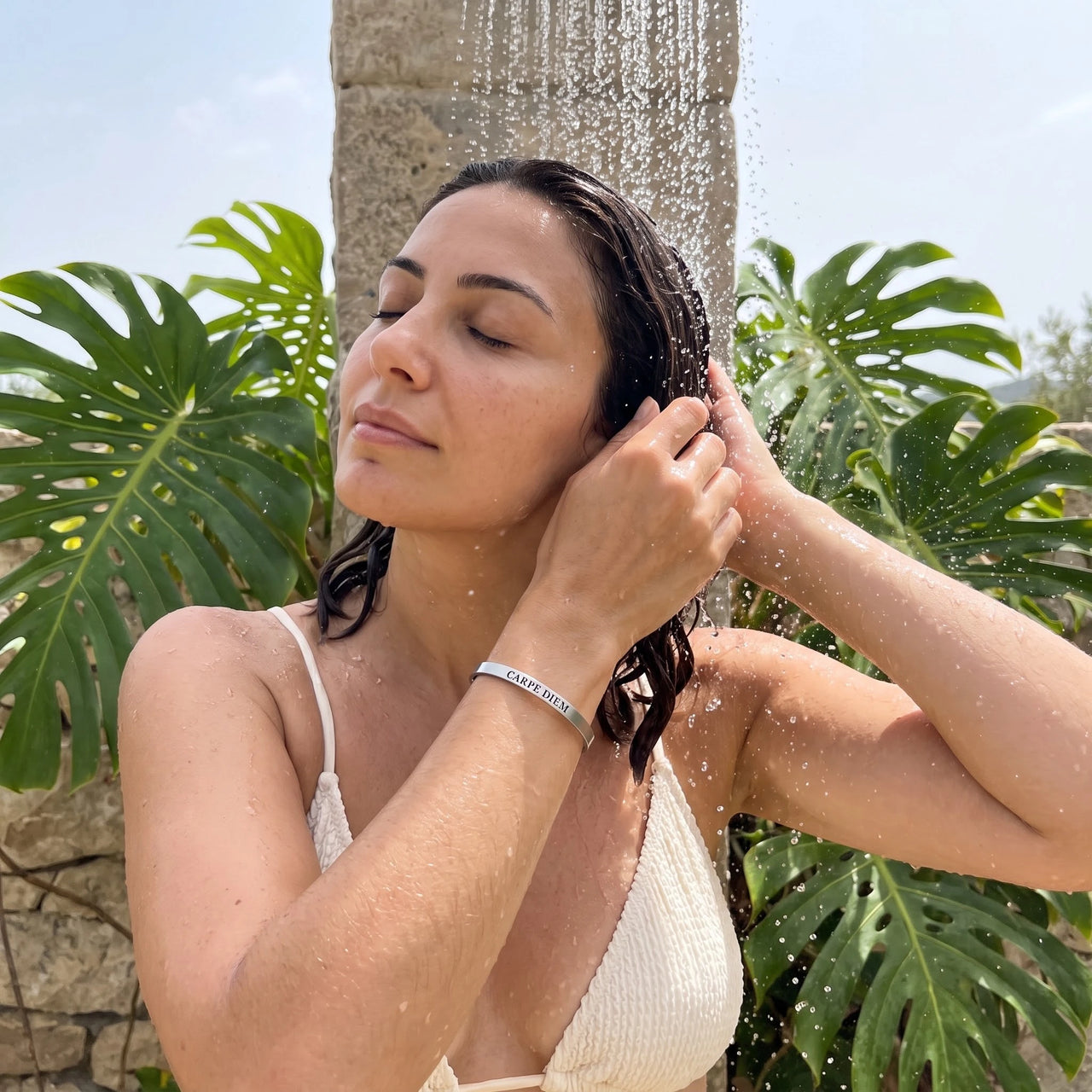 Carpe diem armband — gedragen onder de douche, waterproof, zilver | SKU: cp-rg