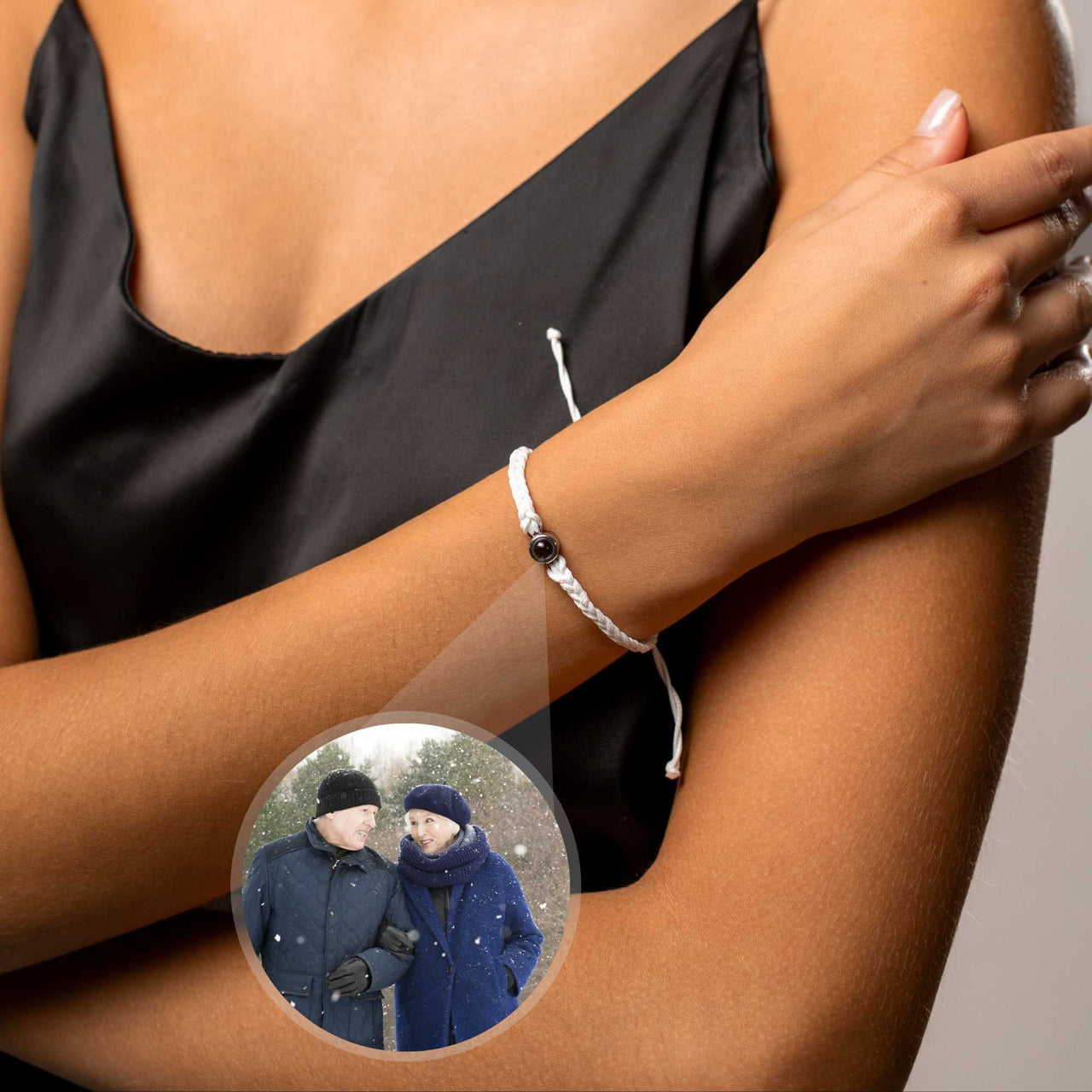 White Photo Bracelet showcasing a personalized photo pendant worn on a wrist, by Brother & Sisters.