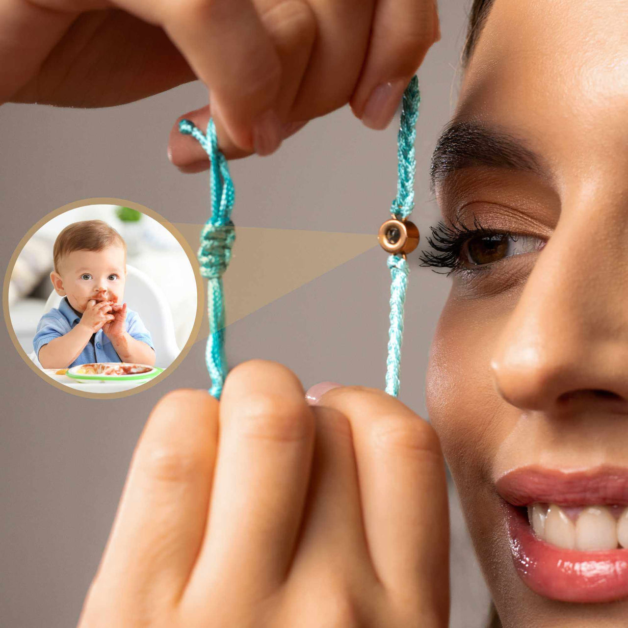 Blue Photo Bracelet featuring a personalized photo of a child, elegant design by Brother & Sisters.