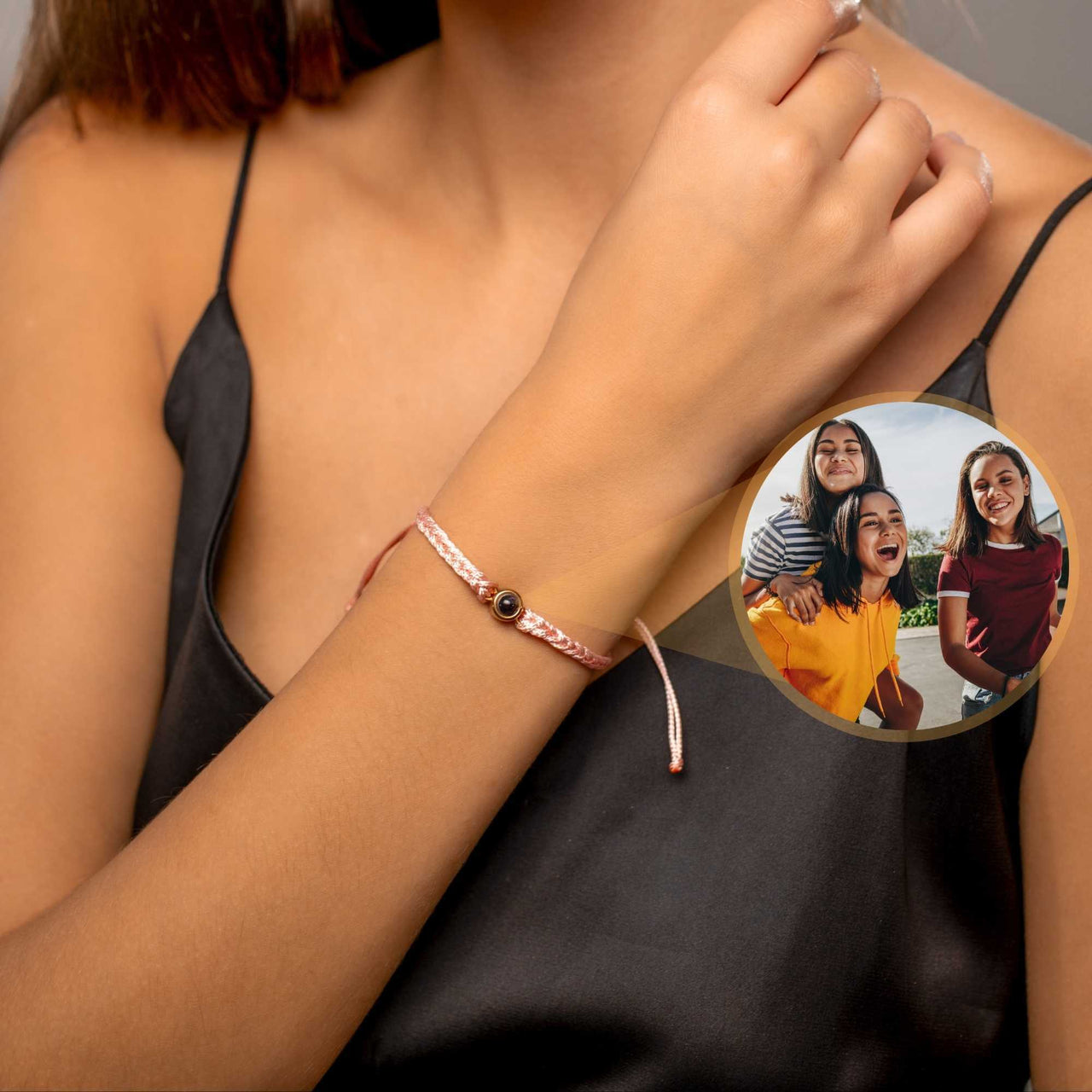 Pink Photo Bracelet featuring a personalized photo pendant, designed by Brother & Sisters to celebrate cherished memories.