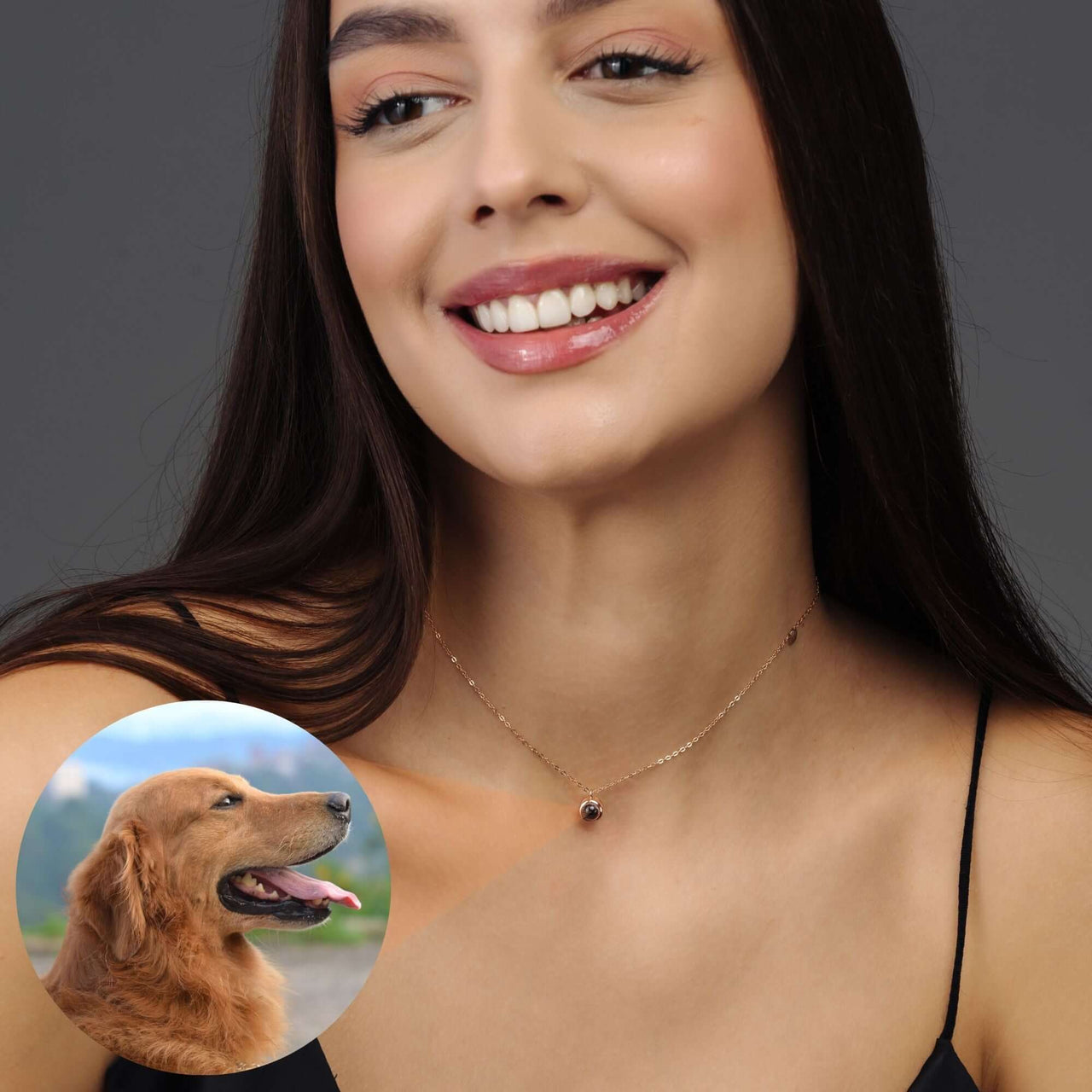 Personalised Circle Necklace worn by a smiling woman, showcasing a hidden picture of a golden retriever inside the pendant.