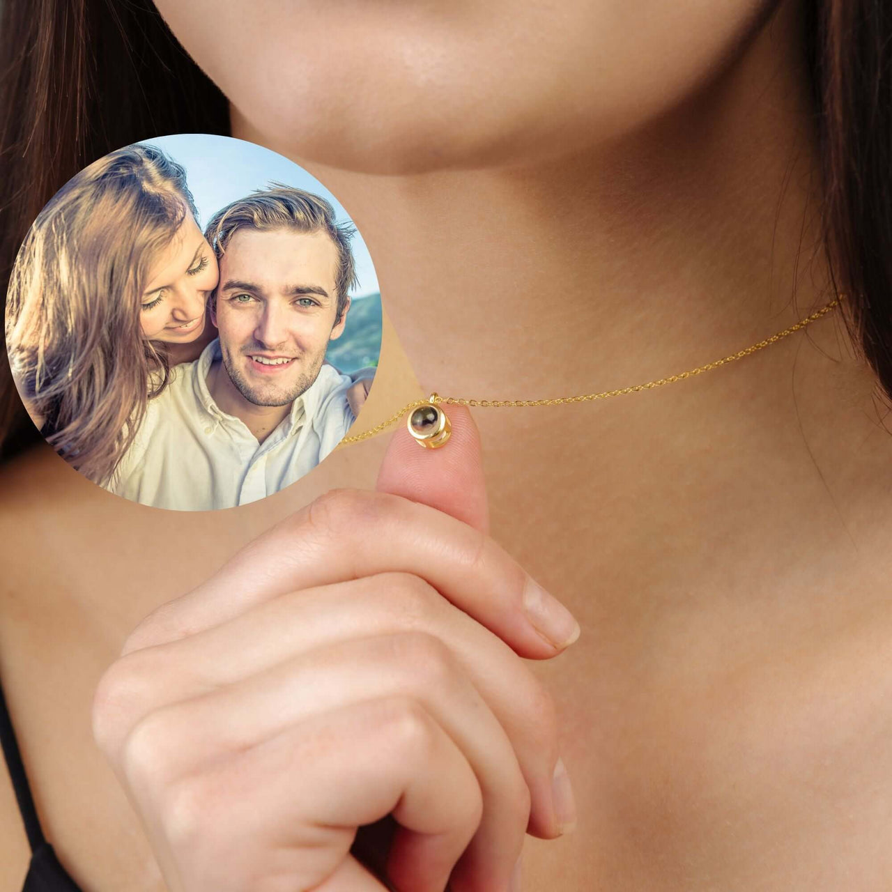 Personalised Circle Necklace with a custom picture inside, showcasing a couple in a loving moment. Brand: Brother & Sisters.
