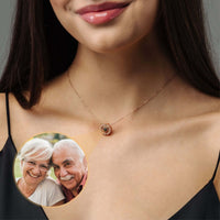 Thumbnail for Circular Photo Necklace worn by a woman, showcasing personalized photo projection feature by Brother & Sisters.