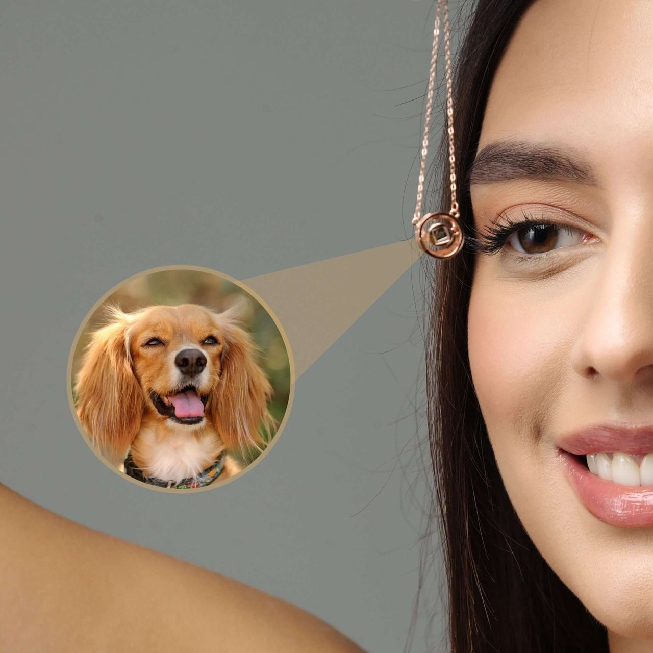 Circular Photo Necklace showcasing a photo projection of a happy dog, brand Brother & Sisters, a perfect keepsake gift.