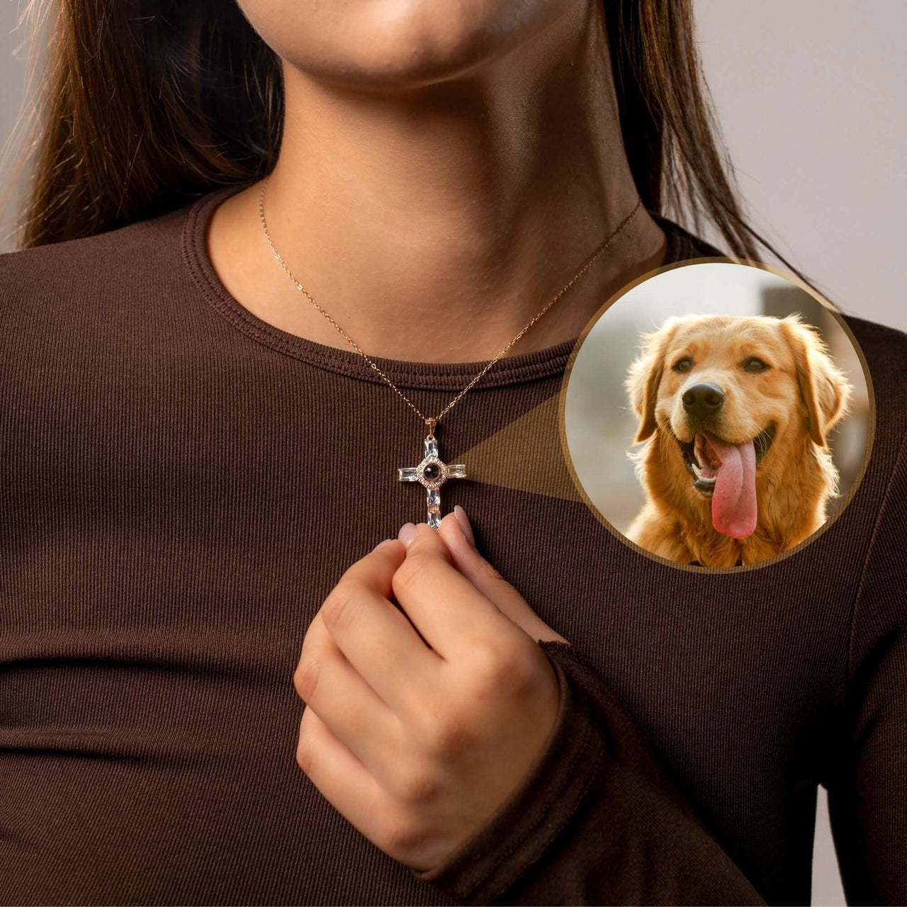Cross Photo Necklace featuring a personalized photo projection of a golden retriever, by Brother & Sisters.