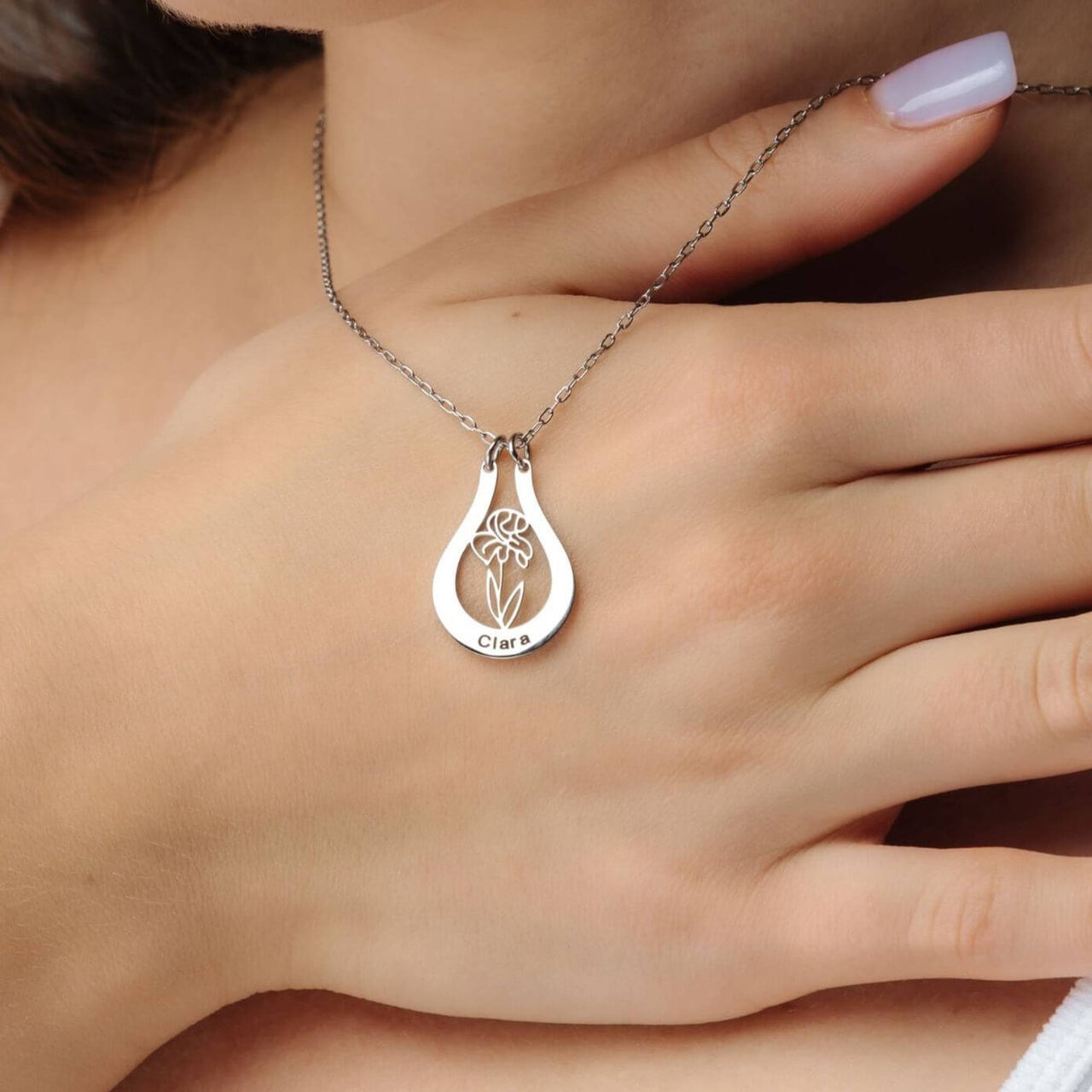 Birth Flower Name Necklace by Brother & Sisters featuring a personalized name and elegant birth flower design.
