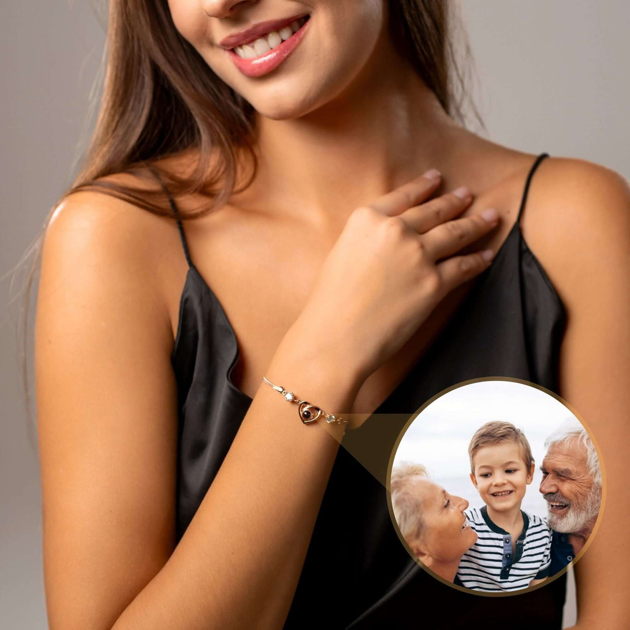 Diamond Photo Bracelet worn by a woman showcasing a cherished family photo as a personalized keepsake by Brother & Sisters.