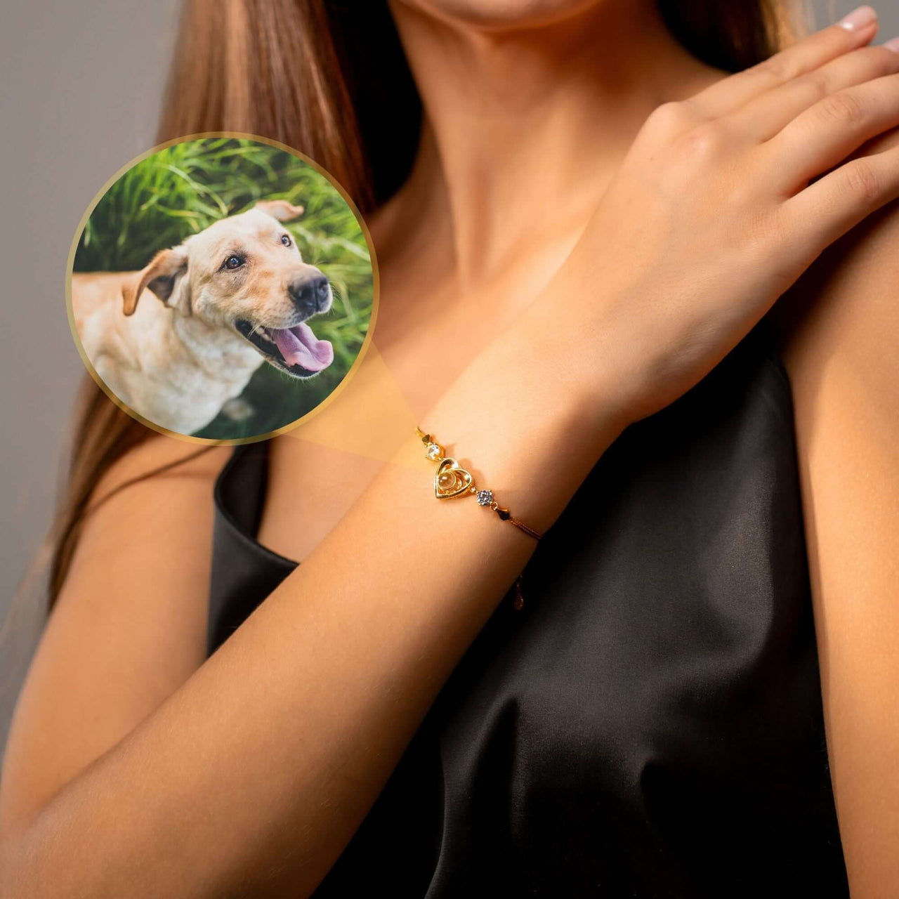 Diamond Photo Bracelet featuring a photo of a happy dog, elegant design by Brother & Sisters.