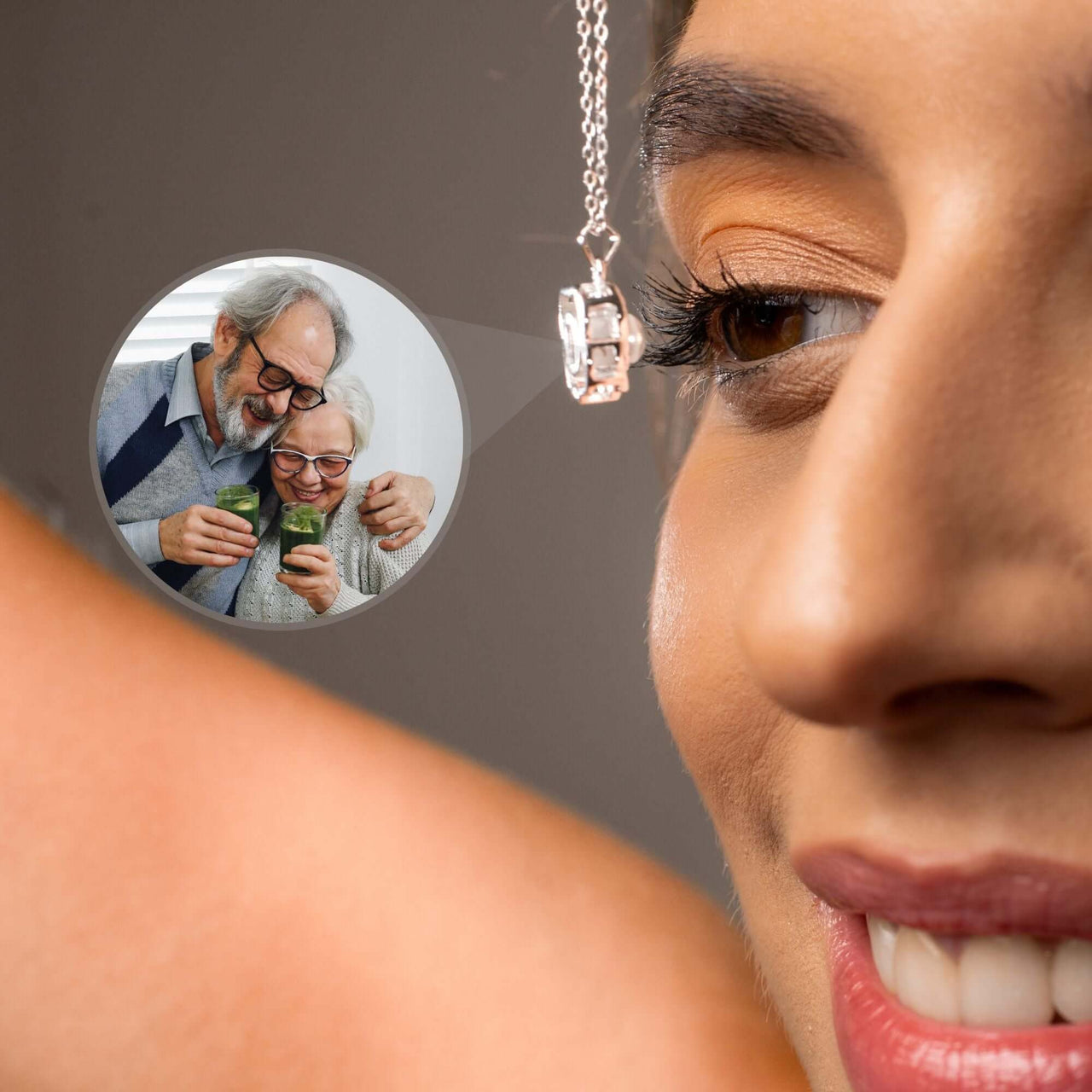Double Heart Photo Necklace showing a couple's photo projection, symbolizing love, by Brother & Sisters.