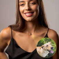 Thumbnail for Double Heart Photo Necklace showcasing a woman wearing it, revealing a cute dog photo projection.
